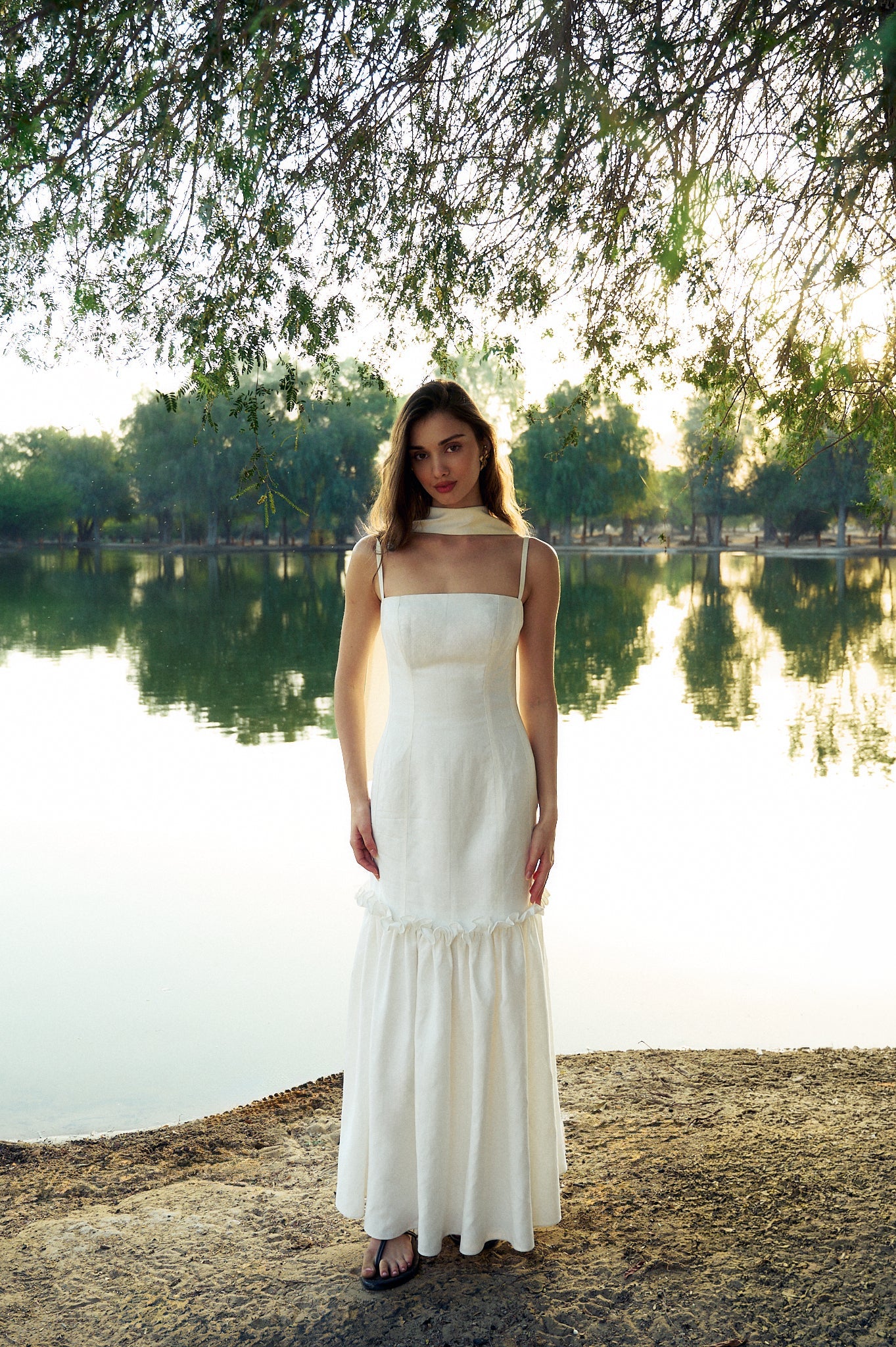 Model wearing the Hazar Azhari Square Neck Ruffle Hem Maxi Dress.