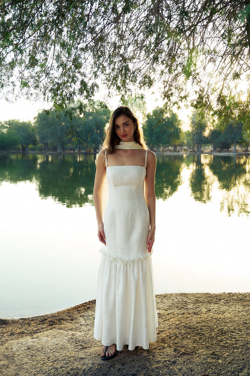 Model wearing the Hazar Azhari Square Neck Ruffle Hem Maxi Dress.