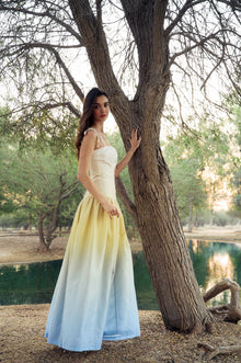 Side view of the model wearing the Hazar Azhari Ombre Gathered Maxi Dress.