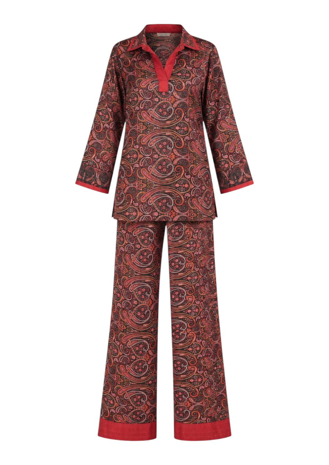 Soleia Silk Modest Set in Rouge with red and black paisley-inspired print by Veluna Atelier