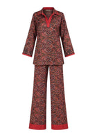 Soleia Silk Modest Set in Rouge with red and black paisley-inspired print by Veluna Atelier