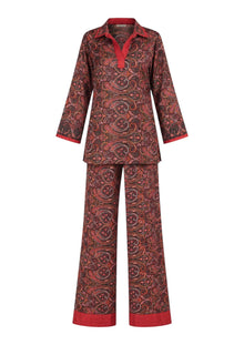 Soleia Silk Modest Set in Rouge with red and black paisley-inspired print by Veluna Atelier