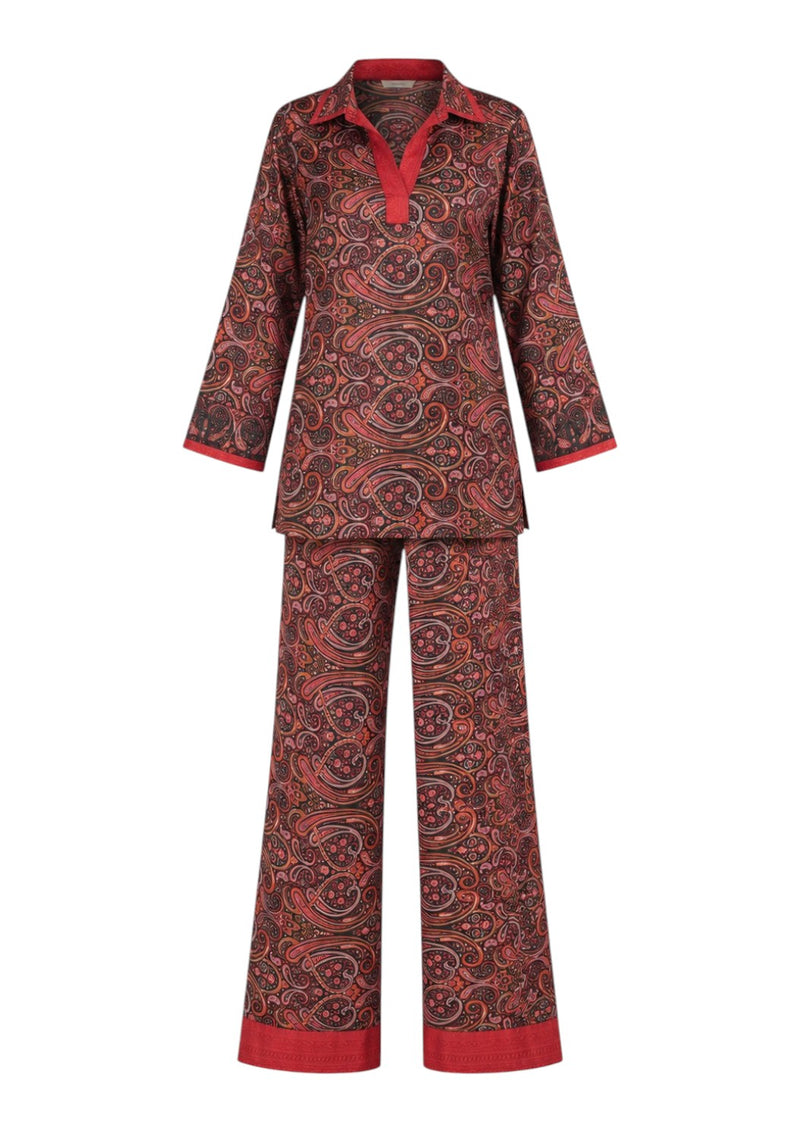 Soleia Silk Modest Set in Rouge with red and black paisley-inspired print by Veluna Atelier