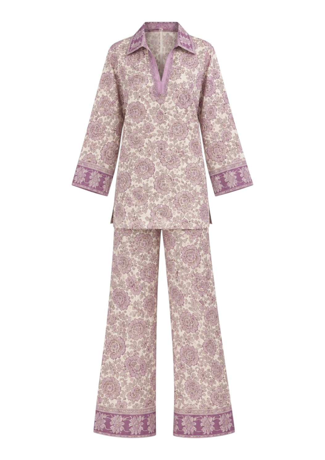 Soleia Silk Modest Set in light purple and nude floral-inspired print by Veluna Atelier