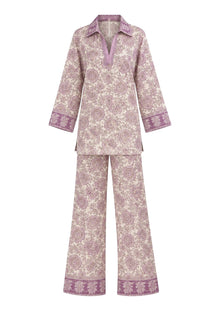 Soleia Silk Modest Set in light purple and nude floral-inspired print by Veluna Atelier