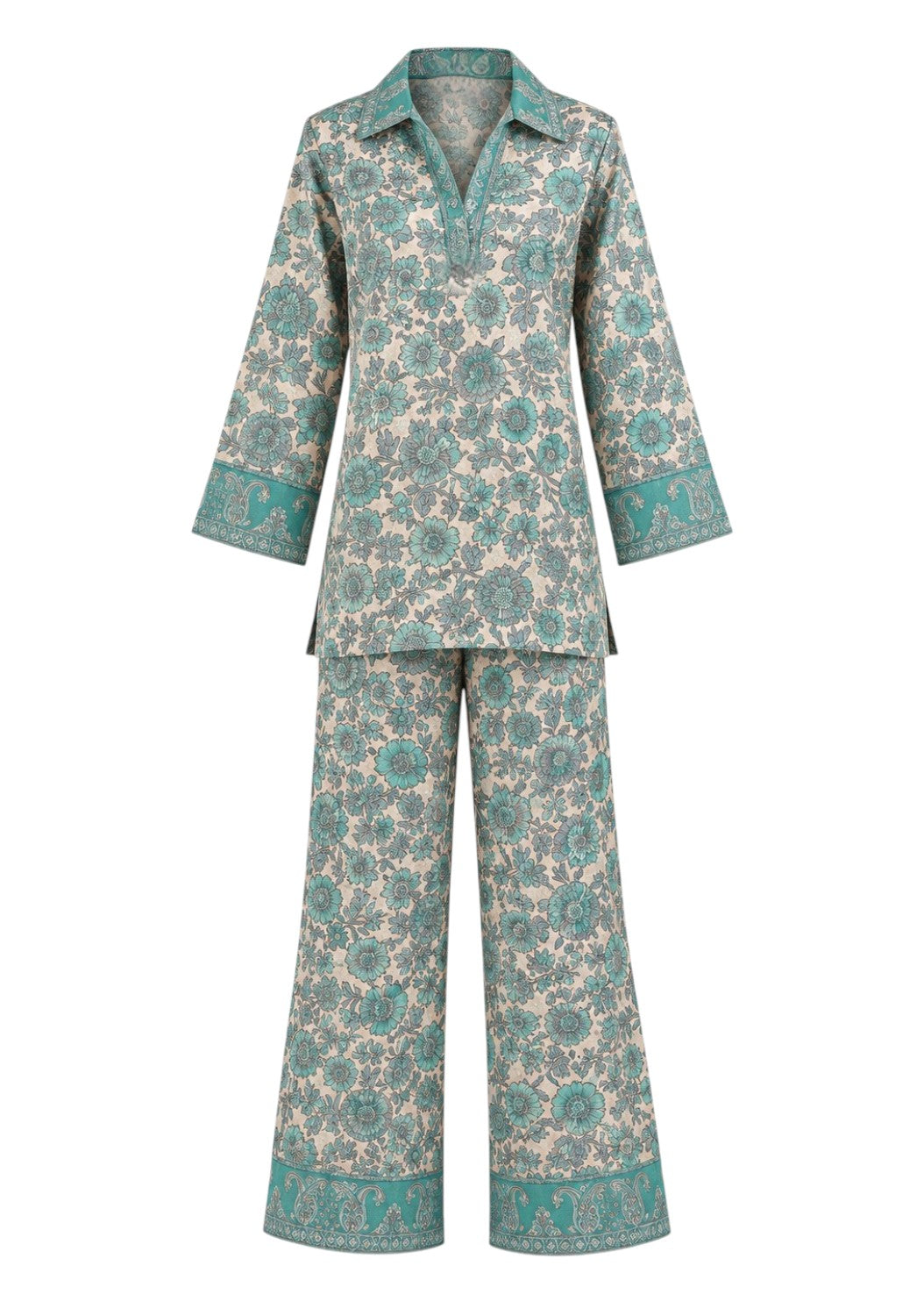 Soleia Silk Modest Set in aqua blue and ivory floral-inspired print by Veluna Atelier