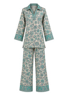 Soleia Silk Modest Set in aqua blue and ivory floral-inspired print by Veluna Atelier