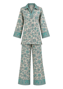 Soleia Silk Modest Set in aqua blue and ivory floral-inspired print by Veluna Atelier