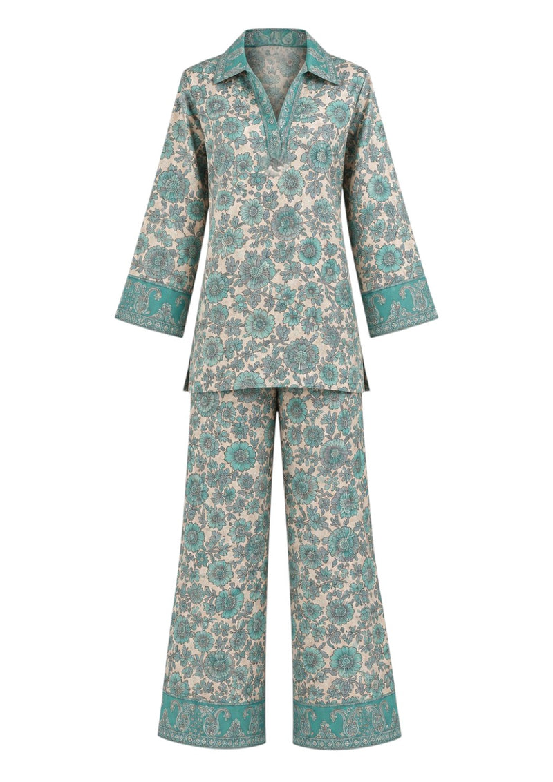 Soleia Silk Modest Set in aqua blue and ivory floral-inspired print by Veluna Atelier
